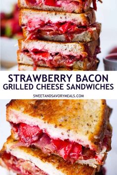 several strawberry bacon grilled cheese sandwiches one on top of others Sandwiches Board, Bacon Grilled Cheese Sandwich, Strawberry Feta, Savory Bacon, Wraps Recipes, Crispy Bread, Bacon Grilled Cheese, Classic Grilled Cheese, Grilled Cheese Sandwiches