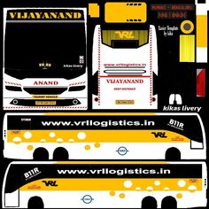 the front and back side of a bus with yellow stripes on it's sides