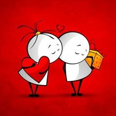 two cartoon characters hugging each other on a red background with hearts and gifts in their hands