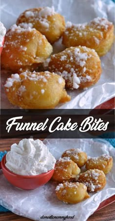 funnel cake bites with whipped cream and powdered sugar