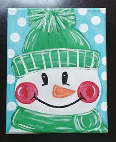 a painting of a snowman with a green hat and scarf on it's head