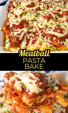 meatball pasta bake in a casserole dish with cheese and sauce on top