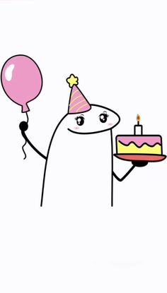 a cartoon character holding a birthday cake with a candle on it and a balloon in the air