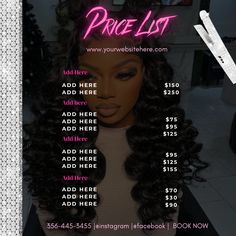 Some sections need CANVA PRO, if u don't inbox me I will help ,or edit for u. Download the link.  Click the link on the file in inbox or email , then you will redirect to CanvaEdit Your design & downloadThis flyer is digital , no physical products will be shipped. Hairstyle Price List Design, Hair Pages Instagram, Hair Pricing List, Make Up Price List Design, Hairstyles Flyer Design, Prices For Hair Styles, Instagram Hair Business Page Layout, Wig Flyers Ideas, Price Template Design