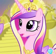 a pinkie pony with a tiara on top of it's head and stairs in the background