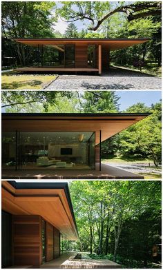 three different views of a house in the woods with trees and grass on either side