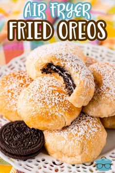 cookies and oreos on a plate with the words air fryer fried oreos