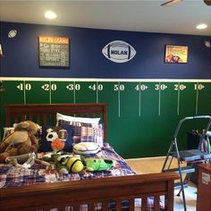 a bed room with a neatly made bed and stuffed animals