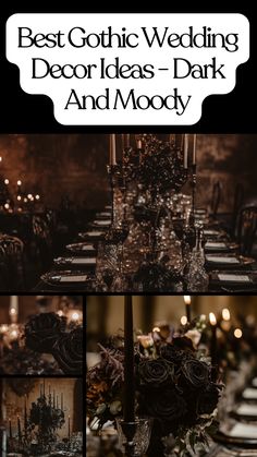 Dark and moody Gothic wedding decor with black roses, candles, lace, and vintage touches creating a dramatic atmosphere. Dark And Dreamy Wedding, Dark Romantic Wedding Decor Receptions, Dark Romantic Wedding Table Decor, Boho Grunge Wedding, Gothic Italian Wedding, Italian Gothic Aesthetic, Gothic Boho Wedding Decor, Dark Academia Wedding Centerpieces, Gothic Elegance Decor