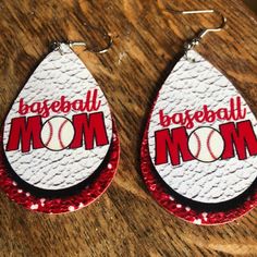 Faux Leather New Baseball Mom Earrings Tear Drop Design Red And White Red Leather Earrings For Gifts, Adjustable Red Leather Earrings, White Leather Earrings Gift, White Leather Earrings For Gift, White Leather Earrings As A Gift, Red Leather Earrings, Faux Leather Cricut, Leather Cricut, Shortcake Cookies