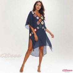 Qteee - Sensual Deep V-Neck Crochet Patchwork Beach Bikini Cover-Up Dress with Irregular Split Hem Casual Summer Party Cover-up, Summer Party Swimwear With Short Sleeves, Casual V-neck Cover-up For Party, Casual V-neck Party Cover-up, One Size V-neck Beach Dress, Blue Cover-up For Summer Party, Blue Summer Party Cover-up, Free Size Short Sleeve Beach Dress, Free Size V-neck Cover-up For Summer