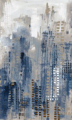 an abstract painting with blue and brown colors