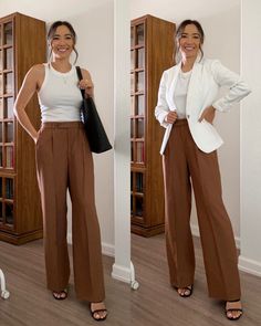 Tailored Pants Women Outfits, Trouser Wide Leg Outfits, Wide Leg Business Outfit, Wide Leg Pant Styling, Camel Wide Leg Trousers Outfit, Shoes For Trousers, Wide Leg Pants Fall Outfit, Brown Tailored Pants Outfit, Wide Leg Tailored Pants Outfit