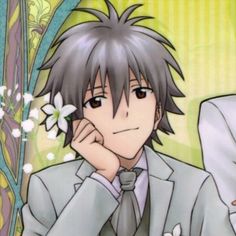 two anime characters sitting next to each other with flowers in their lapels and one wearing a suit