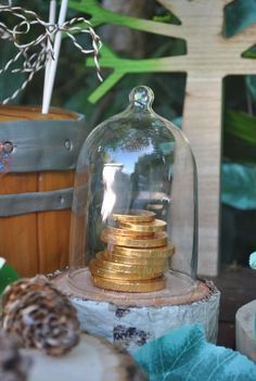 a glass cloche with gold coins under it