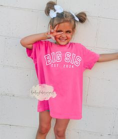 "Big Sister Shirt, Big Sis Est 2024 Shirt, Baby Announcement,  Youth Comfort Colors® Best Friends, Promoted to Big Sister, Funny Sister Shirt Keep your little ones on trend  when heading back to school with our concert inspired retro era design. Comfort Colors® are 100% heavyweight cotton.  They are soft and comfortable.  Sure to be a favorite. 📋 HOW TO ORDER: 1. Select the size (Comfort Colors is true to size - please size up 1-2  for oversized look) 2. Select the color (Limited colors availab Big Sis Shirt, Big Sister Shirt For Hospital, Older Sister T Shirt, Big Brother Big Sister Shirts, Pink Short Sleeve Tops With Team Name, Pink Cotton College Shirt, Pink School Spirit Tops With Name Print, Pink Shirt With Name Print In Relaxed Fit, Pink Relaxed Fit Shirt With Name Print