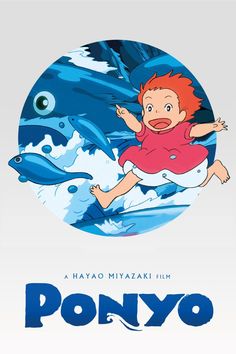 the movie poster for ponyo, with an image of a boy flying over a dolphin