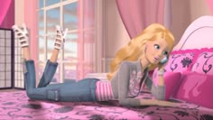 a barbie doll laying on top of a bed talking on a cell phone with her legs spread out