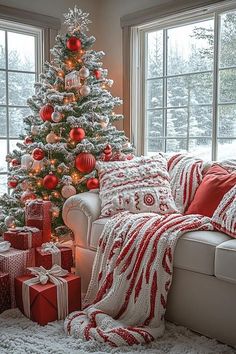 a decorated christmas tree in the corner of a living room with red and white decorations