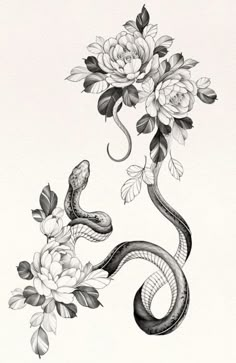 a drawing of a snake and flowers on a white background