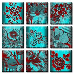 six square paintings with red and blue flowers on them