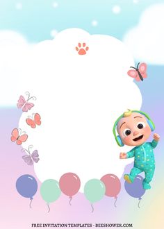 a cartoon baby with balloons and butterflies around it's head, holding a cell phone