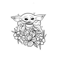 the baby yoda is surrounded by flowers