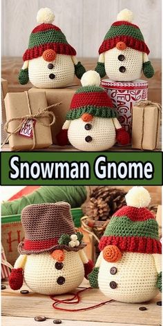 crocheted snowman gnomes are sitting next to each other