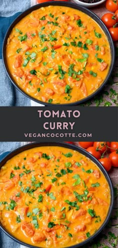 two pans filled with tomato curry and garnished with cilantro