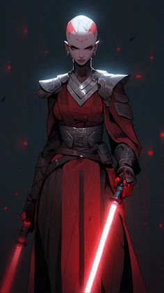 a character from star wars holding two lightsabes