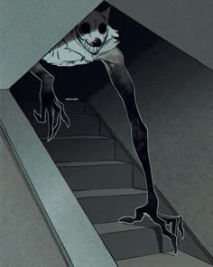 an illustration of a woman walking up some stairs with her leg in the air,