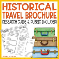 a book with the title historical travel brochure, and an image of suitcases