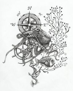 a drawing of an octopus with a compass on it's back