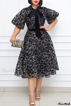 Olivia Mark - Black Womens Exquisite Print Patchwork A-Line Dress with O-Neck Design Black Lace Fashion, Stepford Wives, Dresses Holiday, Line Dresses, Outfits Dress, Badass Style, Elegant Office, Dress Stand, Classy Dress Outfits