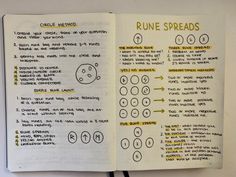 an open notebook with rules and instructions for rune spreads on the inside, sitting on a table