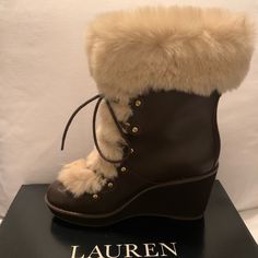 New Brown Ralph Lauren Fur Boots!! I Have A Black On Black Pair Too! Brown Winter Platform Wedge Boots, Winter Brown Platform Wedge Boots, Brown Platform Wedge Boots For Winter, Brown Leather Wedge Heel Boots, Brown High Heel Wedge Boots For Winter, Brown Wedge Heel Boots For Winter, Brown Leather Wedge Boots, Winter Wedges, Trashy Outfits