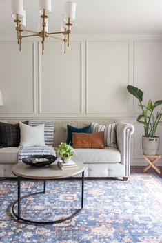 a living room with a couch, coffee table and potted plant in the corner