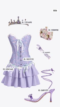 a purple corset is shown with shoes and accessories