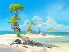 an animated scene with trees and people on the beach