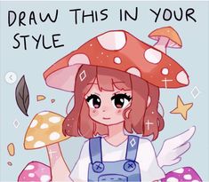 a drawing of a girl with red hair and an orange mushroom on her head, holding mushrooms