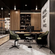 an office with two chairs and a desk in front of a bookcase that says work smart not hard