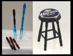 three different shots of toothbrushes and an old stool with the word corona painted on it