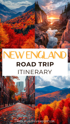 A picturesque autumn scene featuring vibrant fall foliage in New England with colorful trees and scenic landscapes perfect for a fall road trip. New England Usa, England Travel Guide, New England Travel