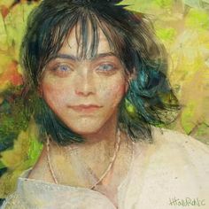 a painting of a woman with blue eyes and green hair, wearing a white shirt