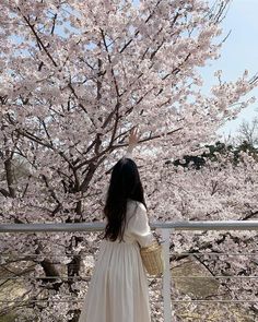 a woman in a white dress looking at cherry blossoms