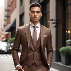 Men brown 3 piece suits wedding three grooms wear suits. new brown tuxedoShawl lapel  gift for fionci and friend. event wear 3 piece Men coffee color Jacket Men  Blazer Frogging Button Wedding Party Wear Dinner Coat Listing Include (jacket+vest+trouser) Fabric:- Imported premium Color:- Brown  Dry Clean Only The Coat is for wedding, Party, Proms, and Etc Express Shipping to world-wide but Remote Area May Take Longer Little color variation may possible due to photography and lights Black And Tan Suit Men, Light Brown Suit Men, Brown Tuxedo Wedding, Tan Suit Men, Brown Wedding Theme, Brown Tux, 3 Piece Suit For Men, Brown Suits For Men, Brown Wedding Themes