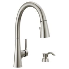 a kitchen faucet with the pull out sprayer and two handles in stainless steel