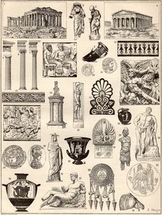 an old book with many different types of items in the middle of it, including vases and statues