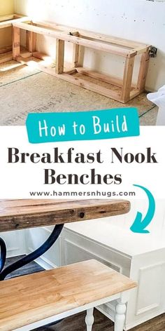 a bench with the words how to build breakfast nook benches above it and below