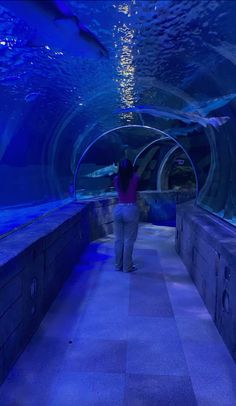 a woman is walking through an aquarium tunnel